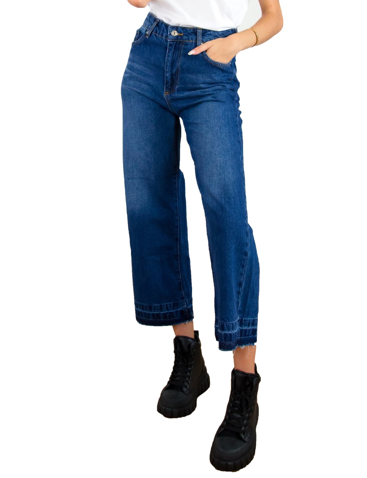 Γυναικείο μπλε Wide Leg τζιν με ξέβαμμα και ξέφτια LY4173F φωτογραφία